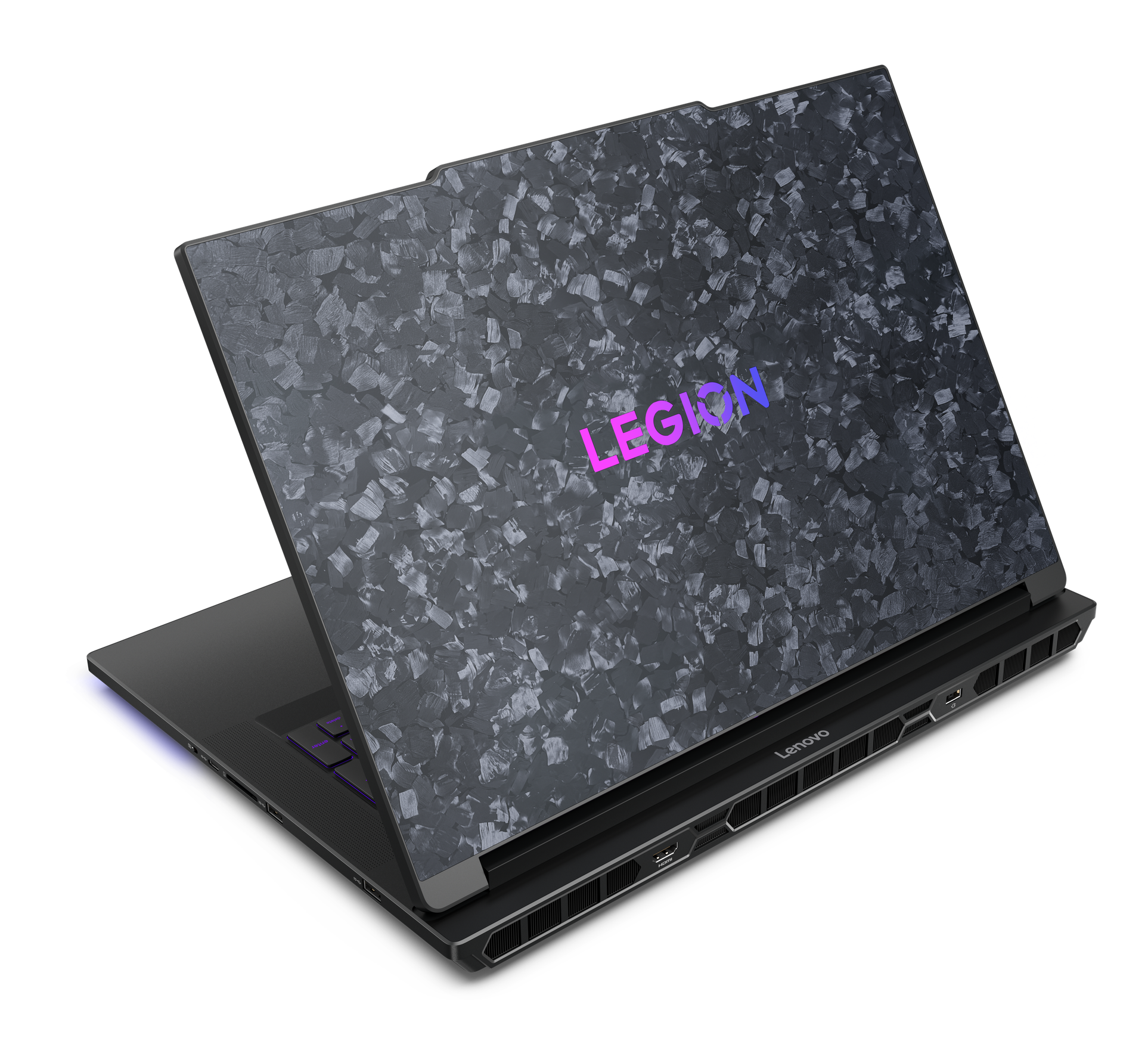 Ciemny laptop z wzorzystą pokrywą i różowo-niebieskim logo "LEGION".