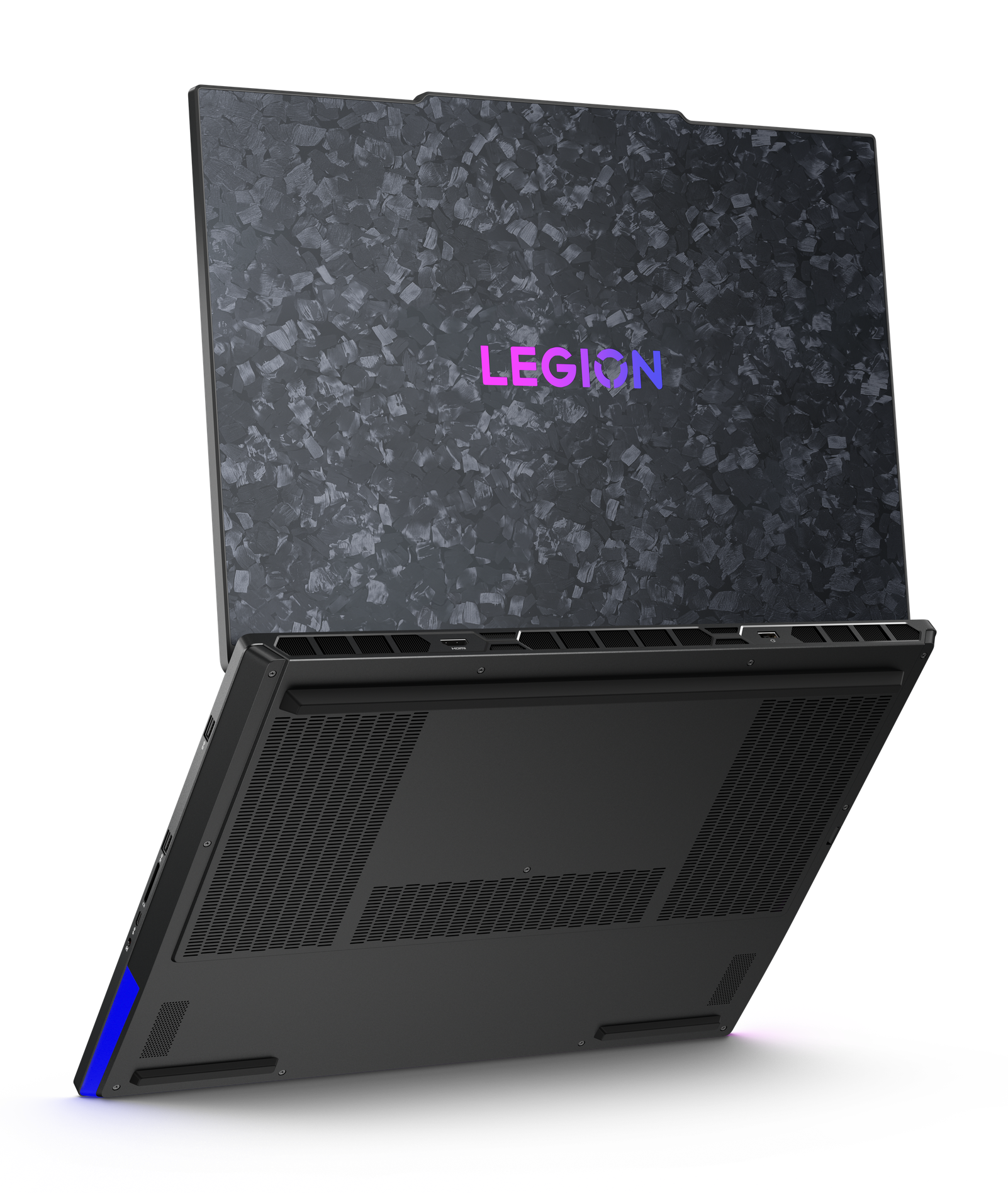 Czarny laptop z pokrywą w szary wzór i podświetlanym logo "LEGION".