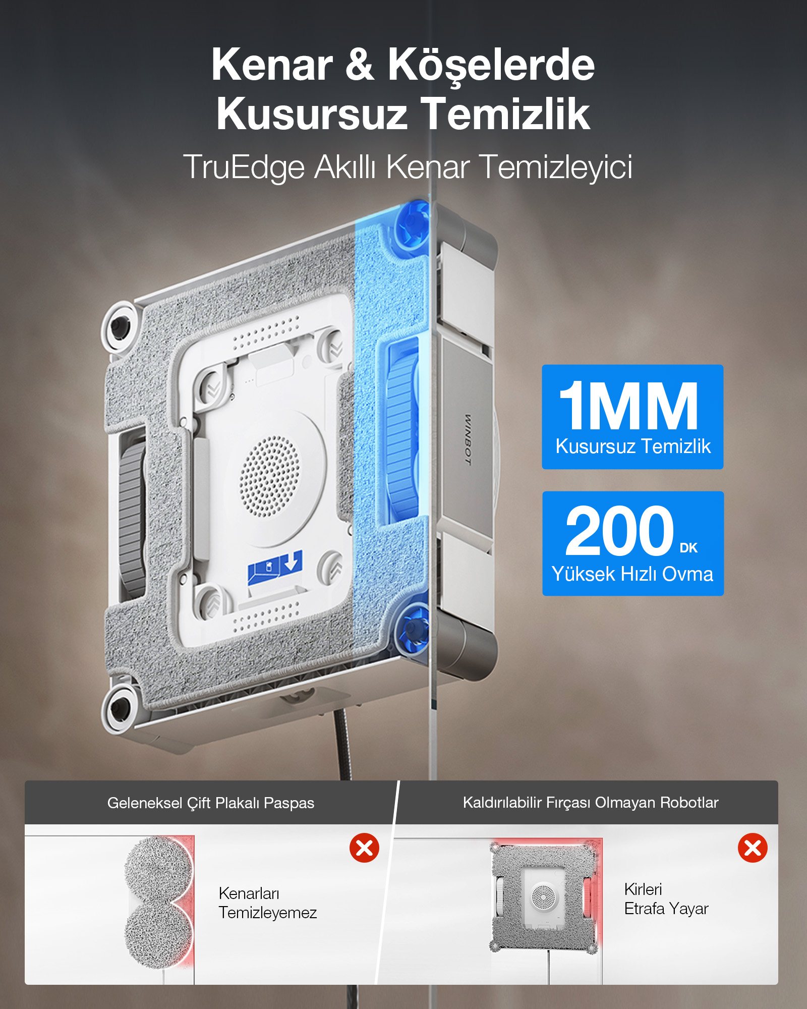 Kenarlar için tasarlanmış, fırçalı pencere temizleme robotu. 1MM hassas temizlik ve 200 RPM gösterir.