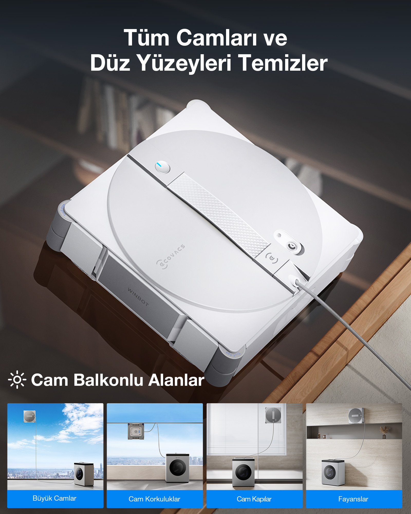 Beyaz bir robot cam ve yüzeyleri temizler. Dört senaryo gösteriliyor.
