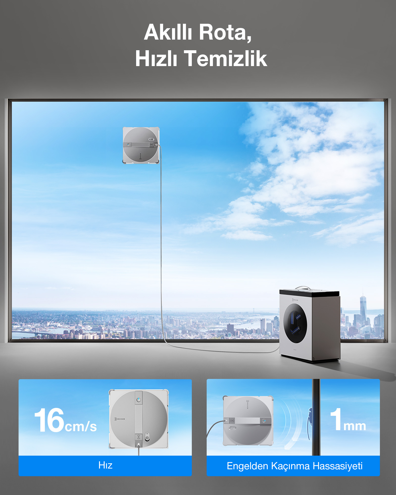 Robot pencere temizleyici, şehir manzaralı bir pencereyi temizliyor. Yanında bir baz istasyonu.