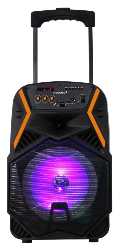 Czarny głośnik przenośny z pomarańczowymi akcentami i fioletowym światłem.