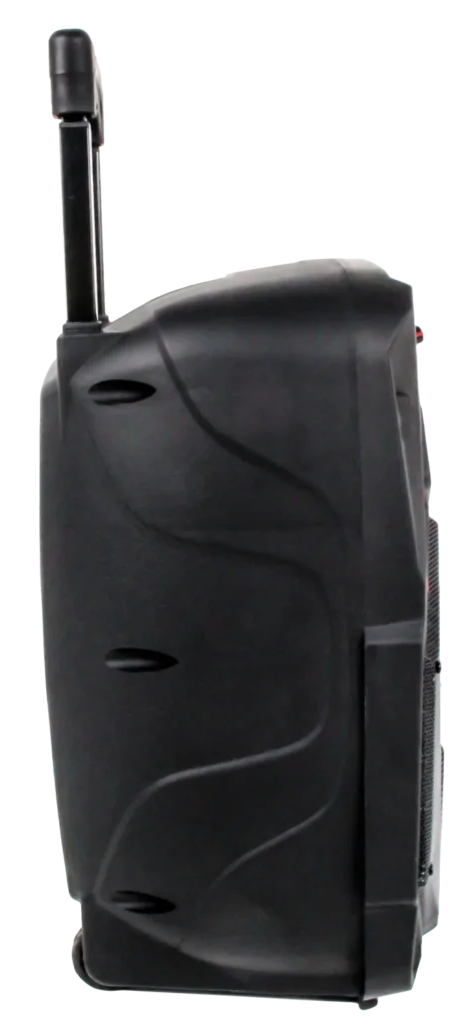 Czarny głośnik z wysuwanym uchwytem i kółkami.