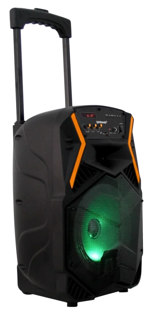 Czarny głośnik przenośny z wysuwanym uchwytem i zielonym podświetleniem.