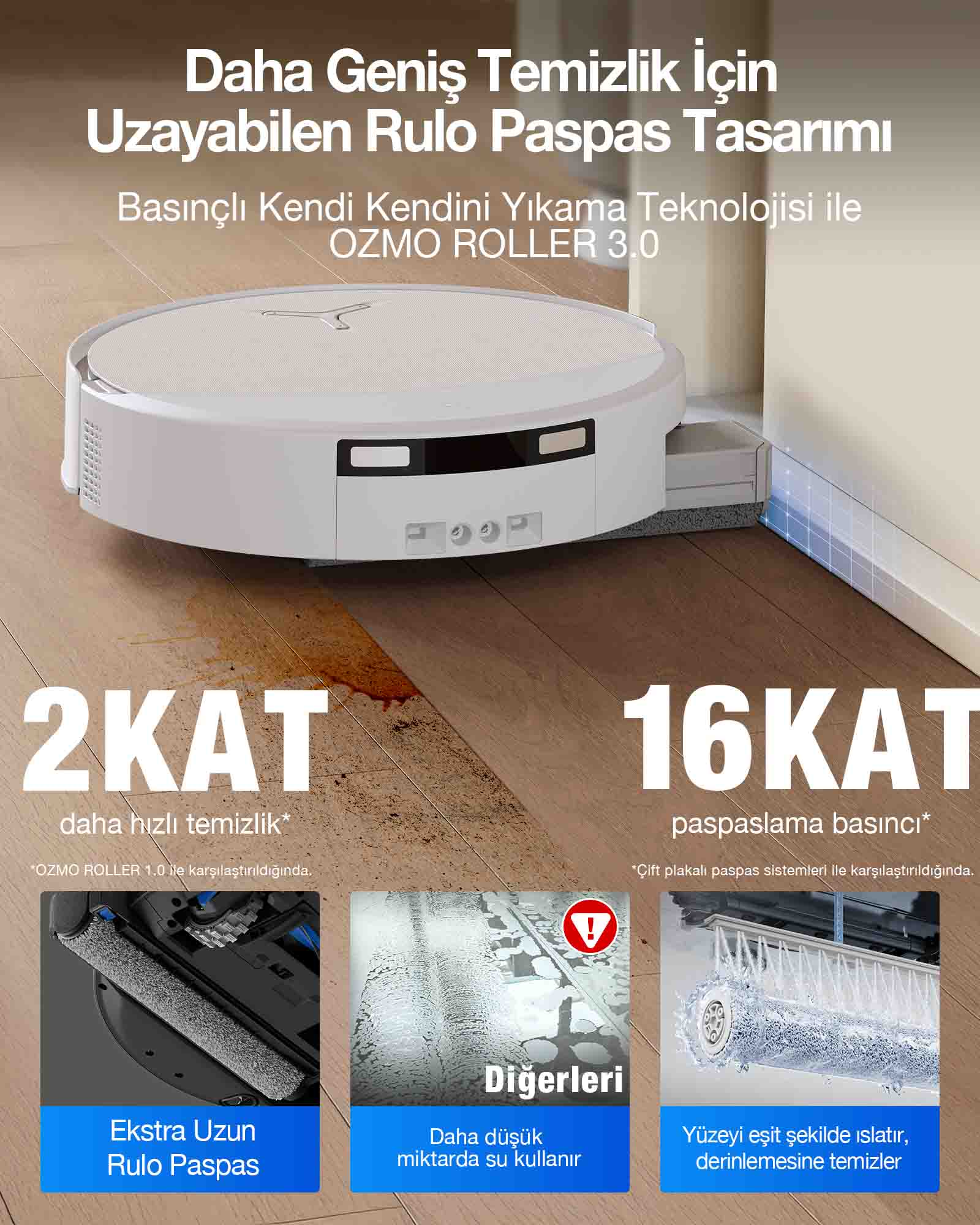Ahşap zeminde rulo paspaslı beyaz robot süpürge. Solda 2x, sağda 16x.