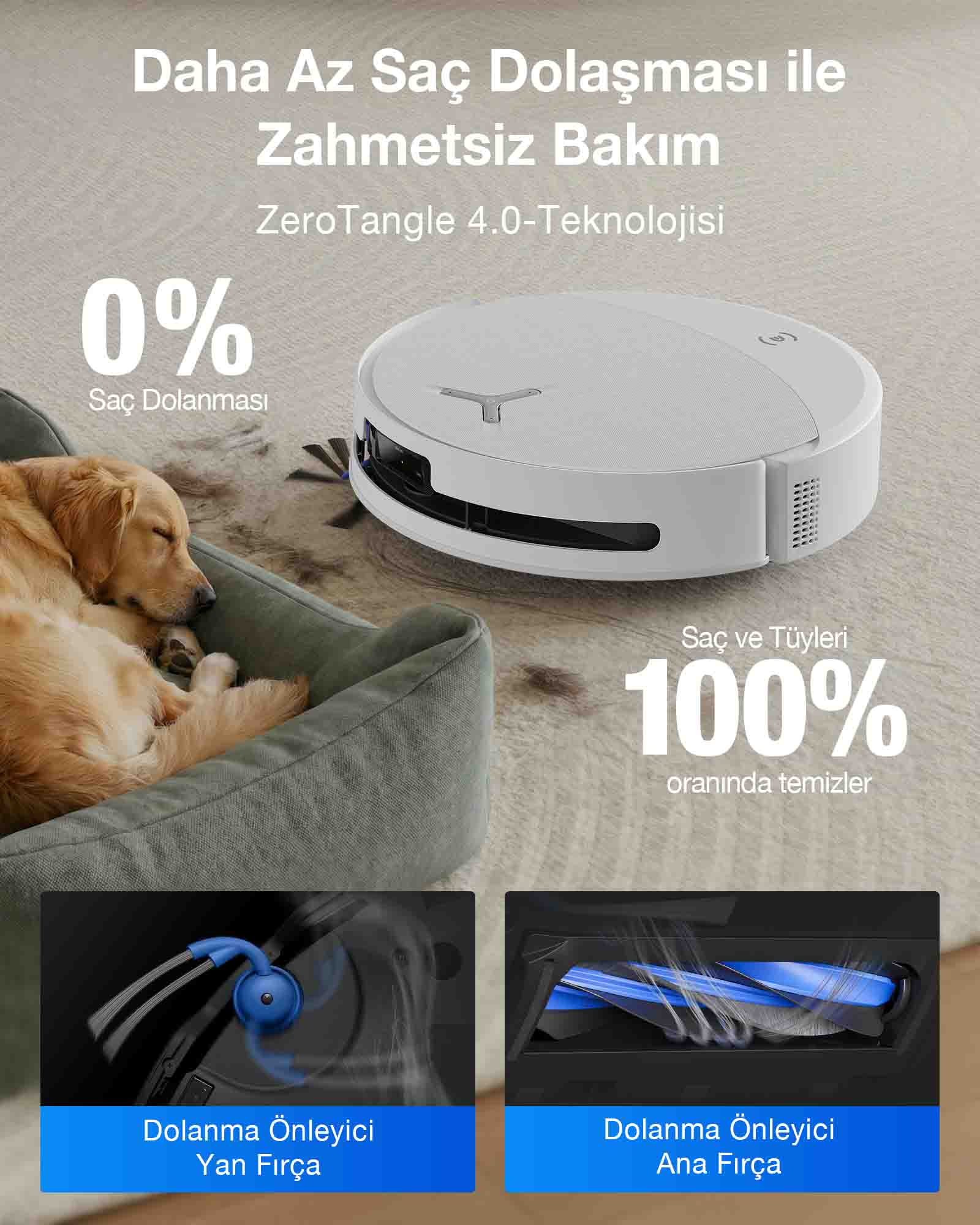 Bir robot süpürge, uyuyan bir köpeğin yanında halı temizliyor.