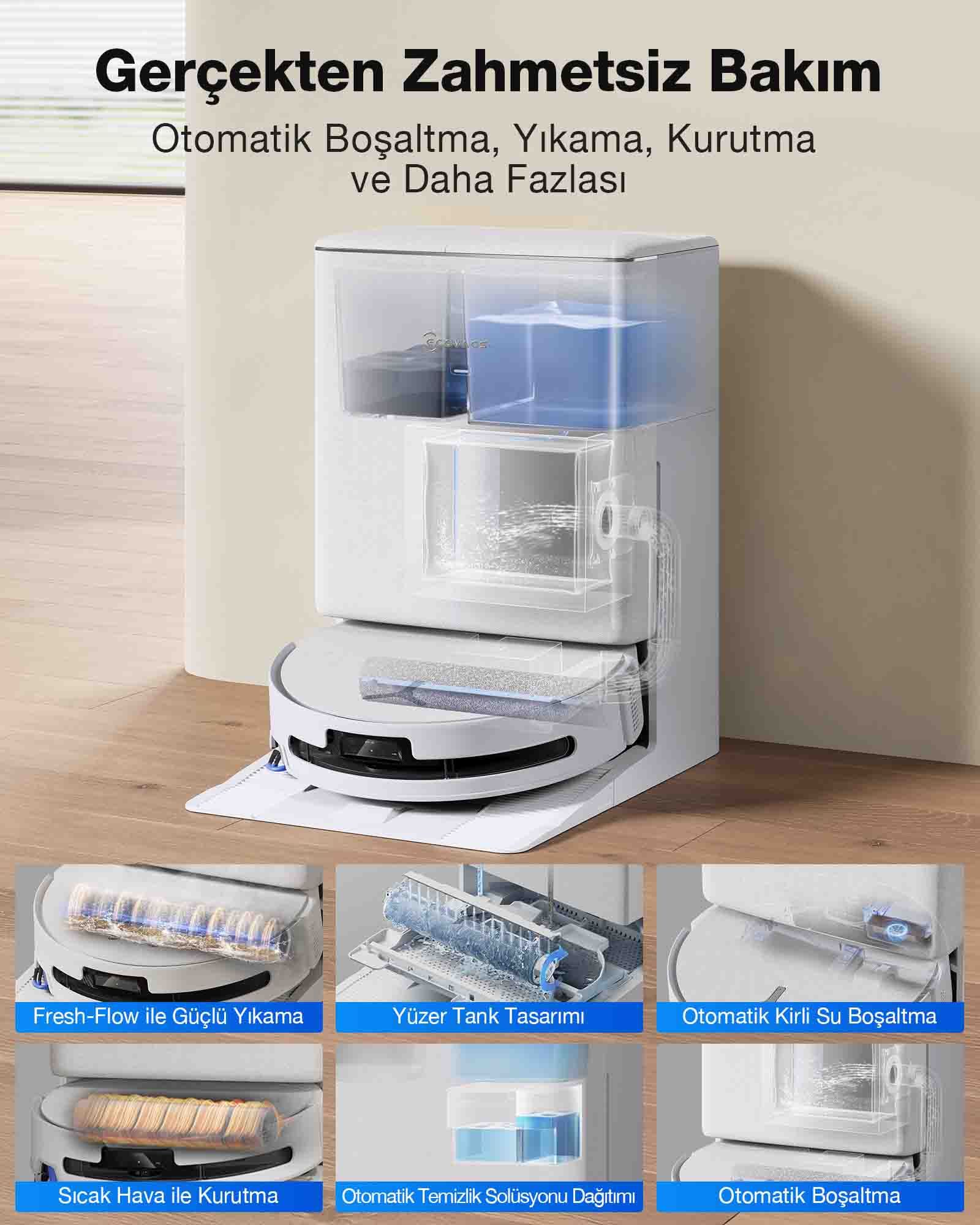 Su tanklı şarj istasyonuna sahip beyaz robot süpürge.