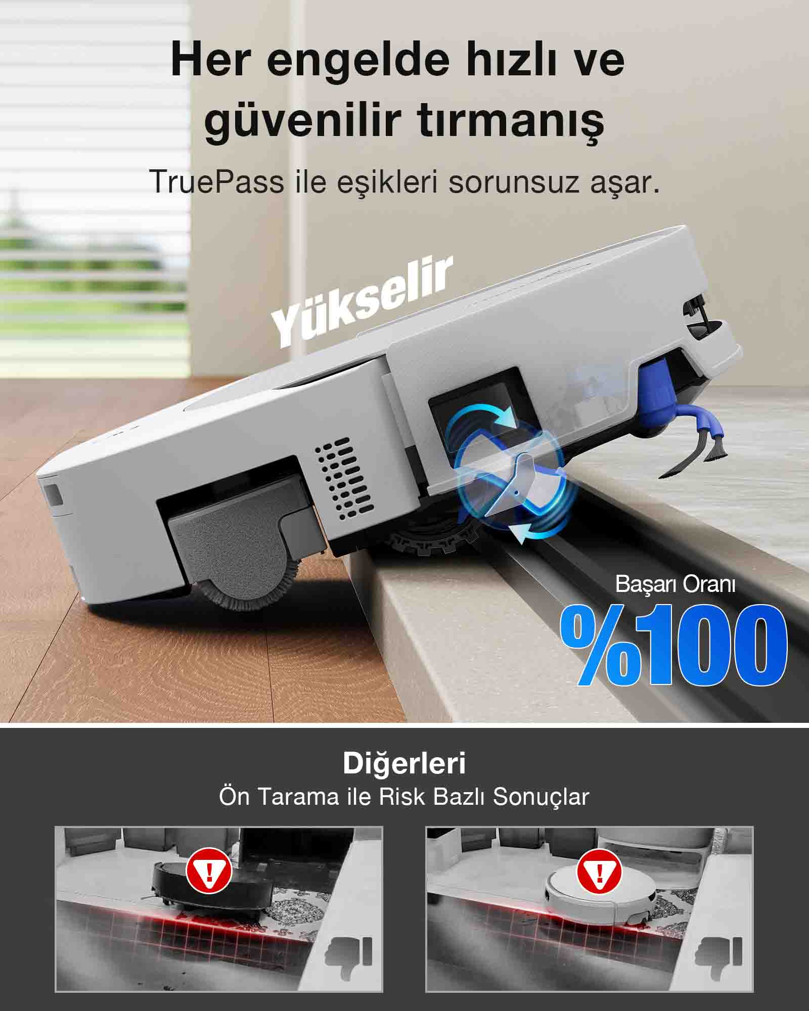Beyaz bir robot süpürge, %100 başarı oranıyla bir kenarı aşıyor.