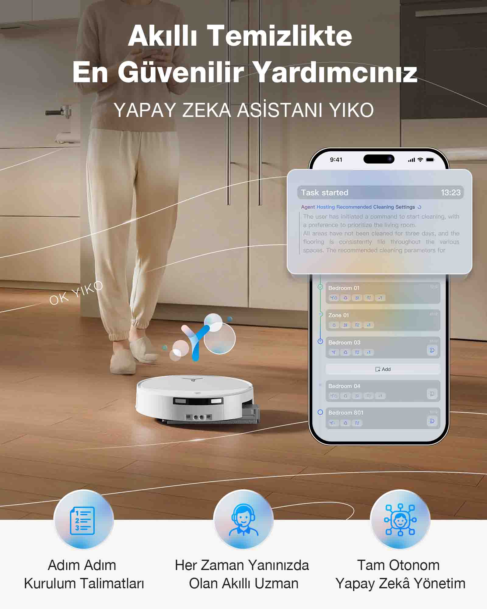 Beyaz robot süpürge ahşap zemini temizliyor, akıllı telefon temizlik ilerlemesini gösteriyor.