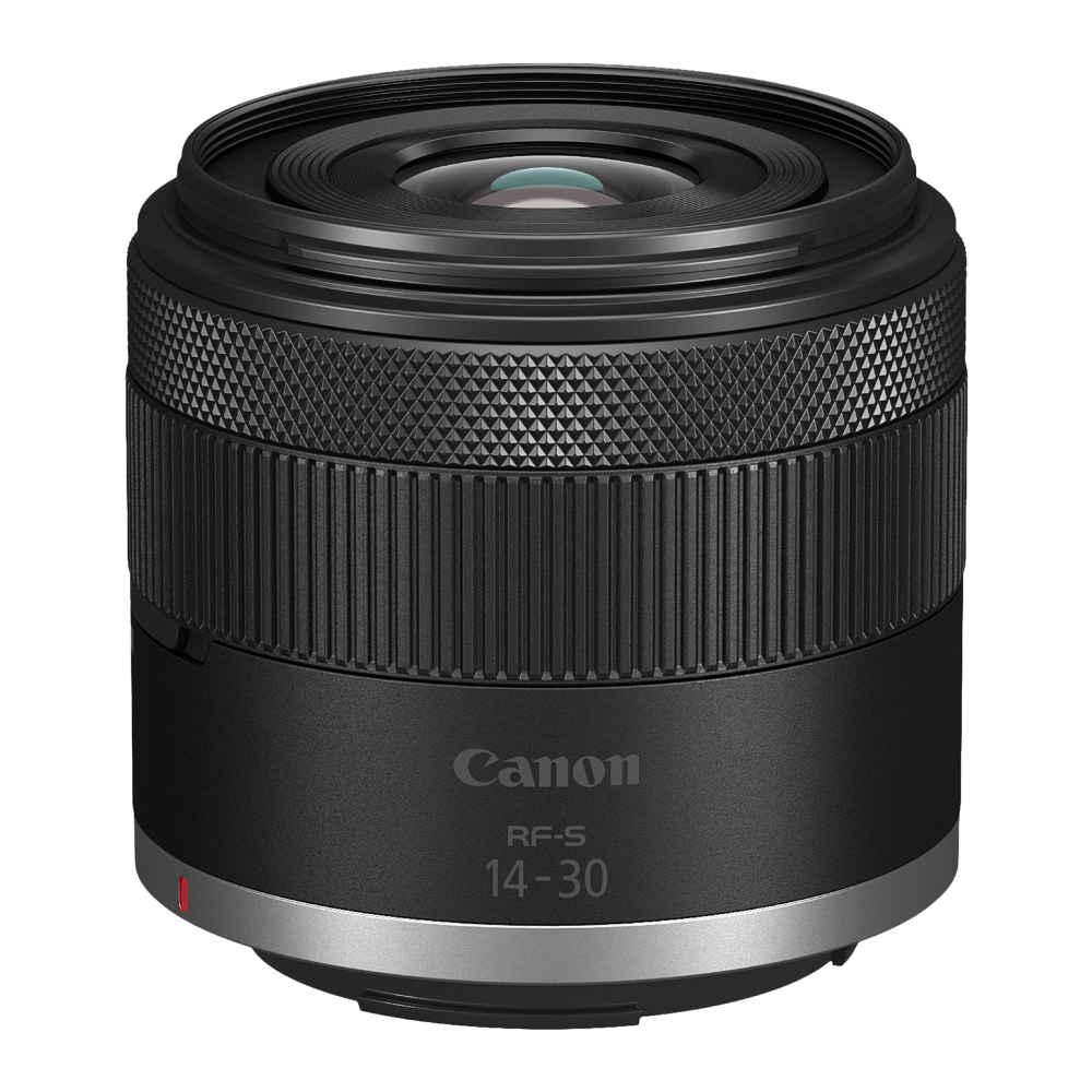 Canon RF-S 14-30 lens, siyah gövde, metal yuva ve dokulu halkalara sahip.