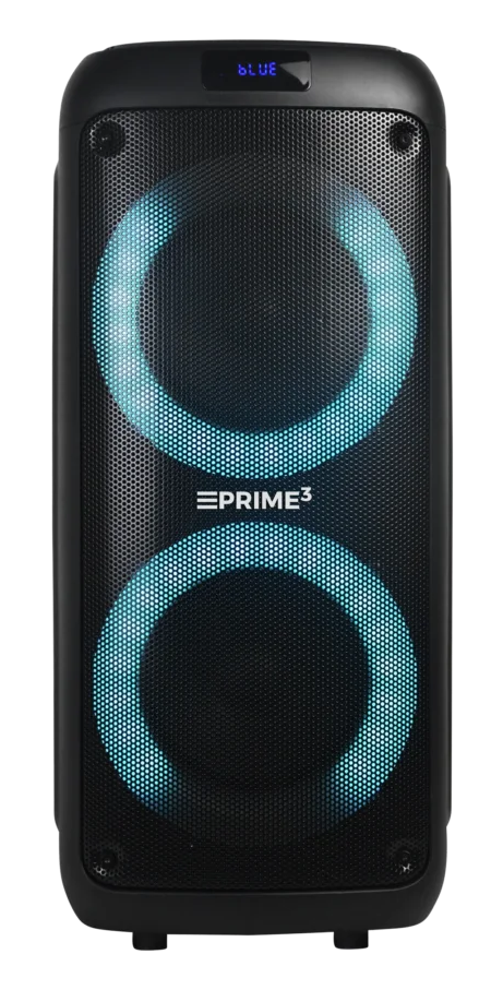 Czarny głośnik z niebieskimi podświetlanymi pierścieniami i napisem „BLUE”.