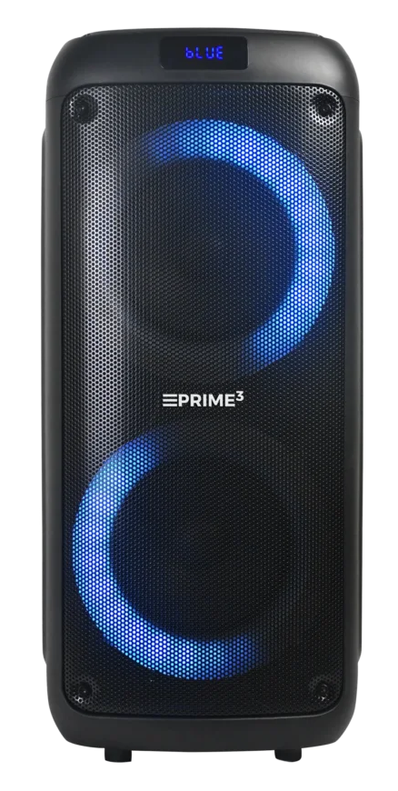 Czarny głośnik z niebieskimi światłami i napisem PRIME3.