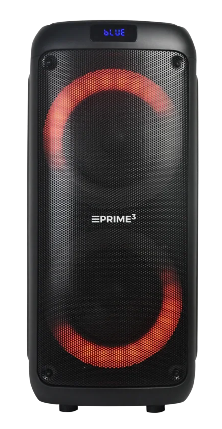 Czarny głośnik z czerwonymi świecącymi światłami i niebieskim wyświetlaczem "BLUE".