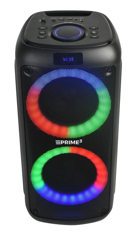 Czarny głośnik z kolorowymi pierścieniami LED i niebieskim wyświetlaczem.