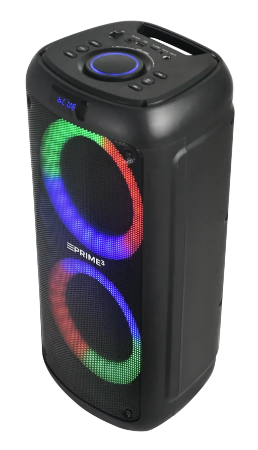 Czarny głośnik z podświetleniem RGB i przyciskami sterowania na górze.