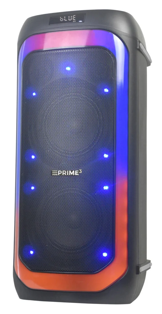 Czarny głośnik Bluetooth z niebieskimi światłami i pomarańczowymi akcentami.