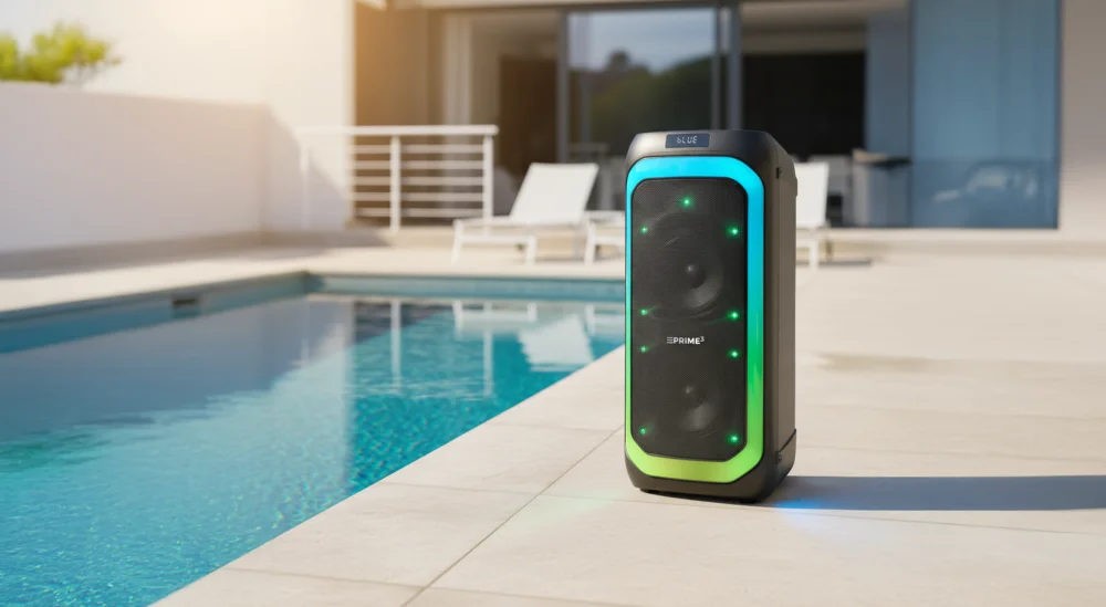 Czarny głośnik z niebieskimi i zielonymi światłami stoi przy basenie.
