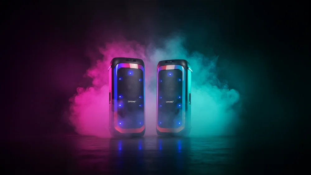 Dwa czarne głośniki z niebieskimi światłami, otoczone różowym i turkusowym dymem.