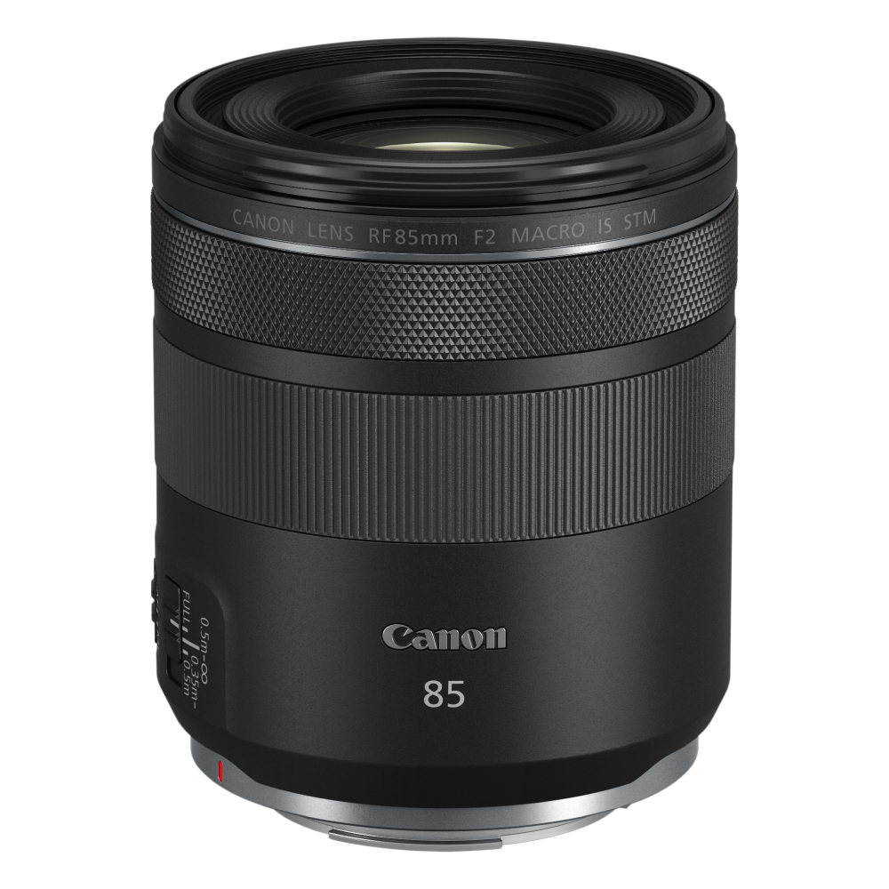 Gümüş yuvalı siyah Canon RF 85mm F2 Macro IS STM lens.