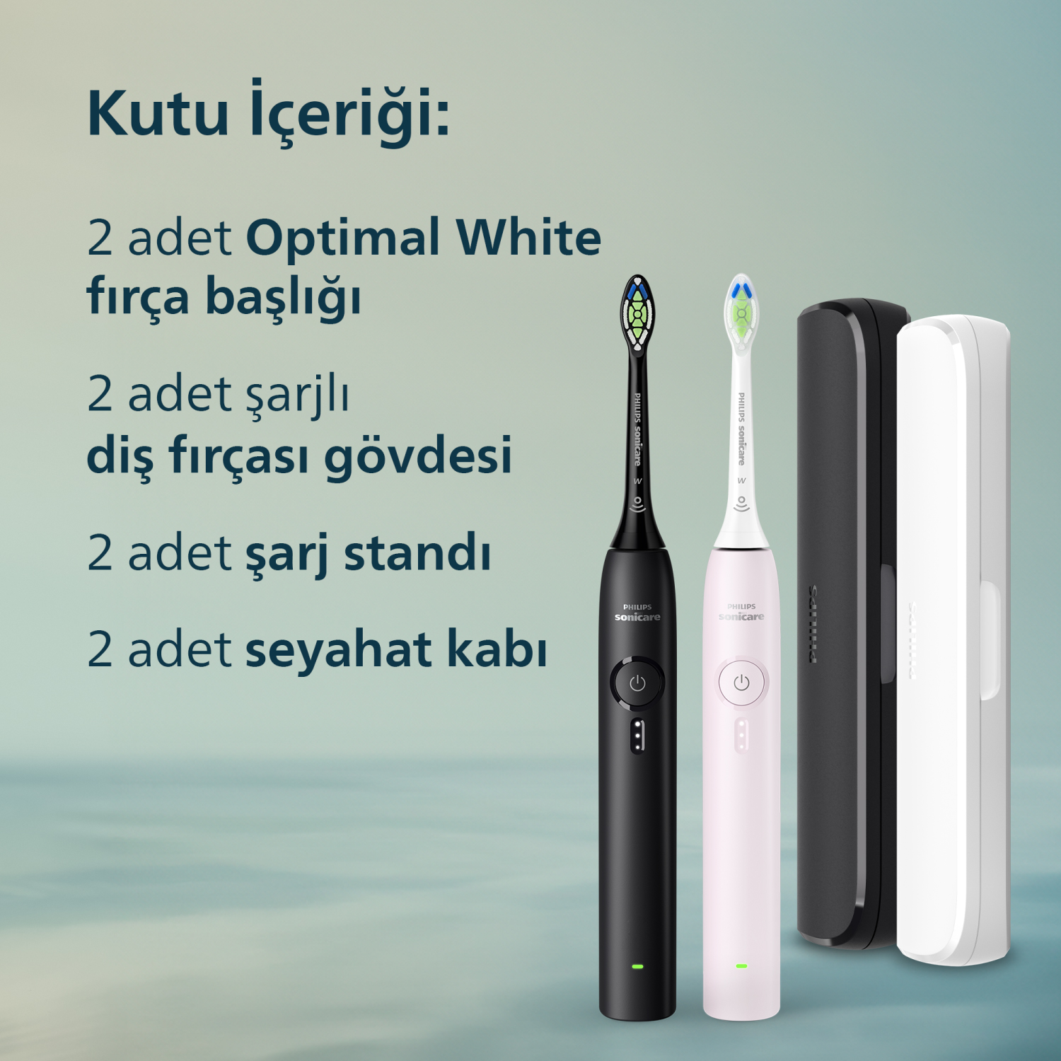 İki adet siyah ve beyaz Philips Sonicare diş fırçası ve aksesuarları.