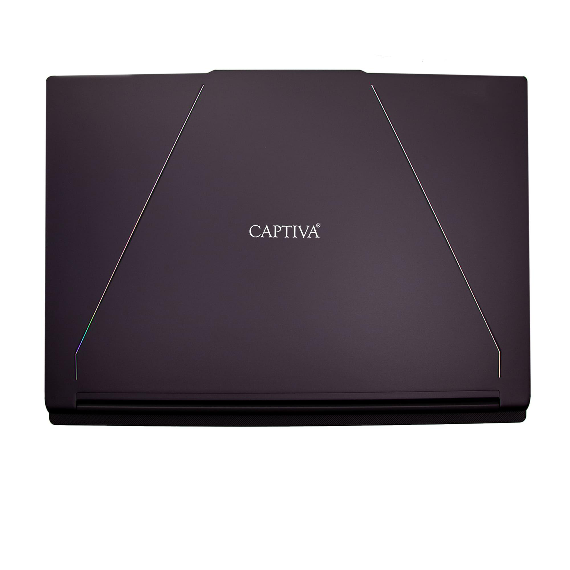 Geschlossener, dunkler Laptop mit "CAPTIVA"-Logo und silbernen Linien.