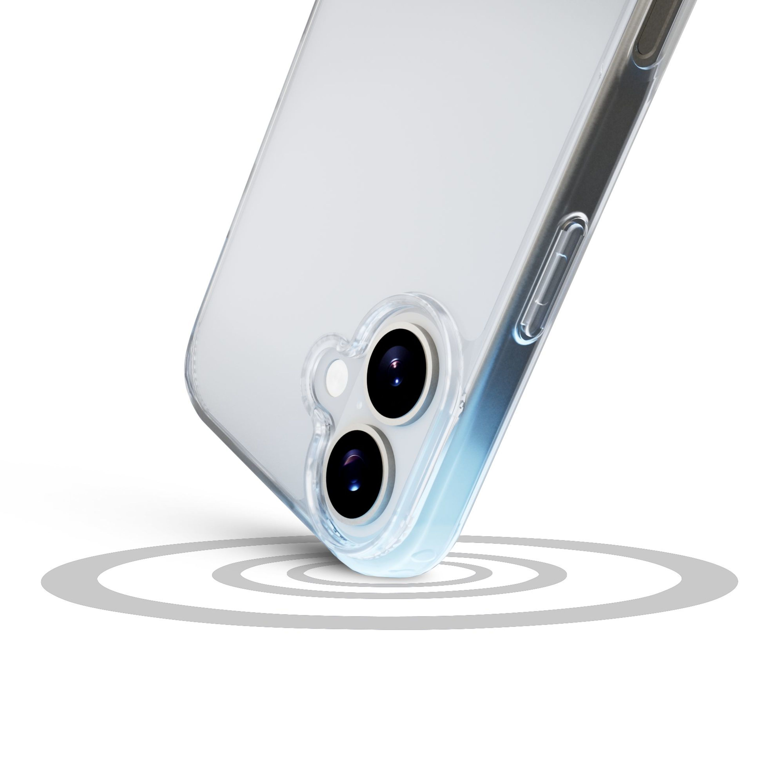 Beyaz arka plan üzerinde iki kamera lensli şeffaf telefon kılıfı.