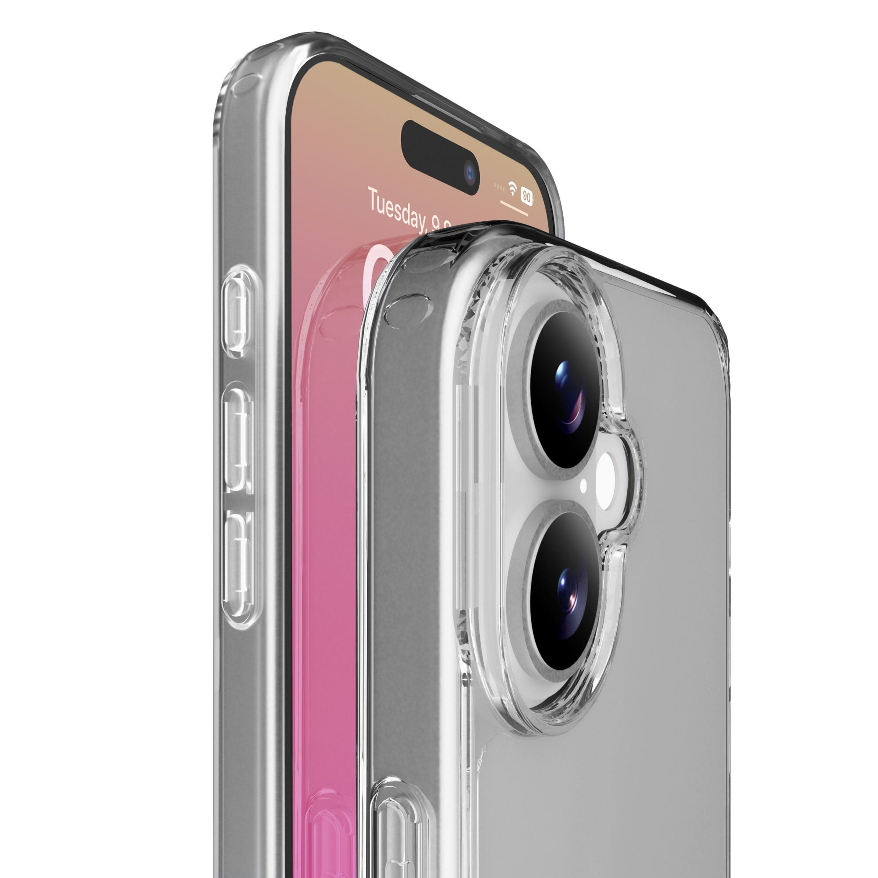 Pembe ekranlı ve kameralı iPhone üzerinde şeffaf kılıf.