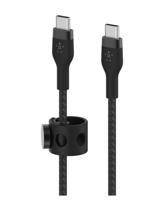 Arkada kablo yönetim klipsli iki siyah USB-C kablosu.