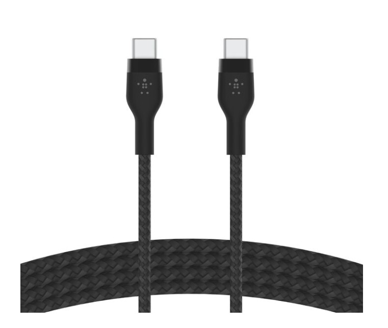 İki siyah USB-C kablosu örgülü kumaş ve logolu.