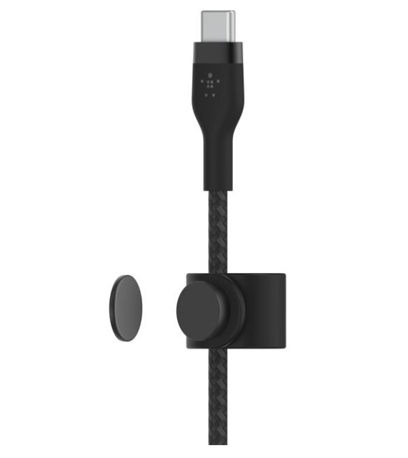 Ayrı mıknatıslı siyah USB-C kablosu ve manyetik tutucu.