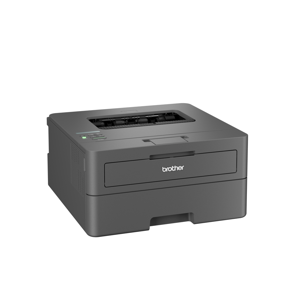 Grauer Brother Laserdrucker mit Papierfach und Bedienfeld.