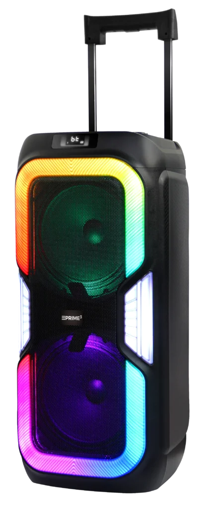 Czarny głośnik z kółkami i kolorowym oświetleniem LED.