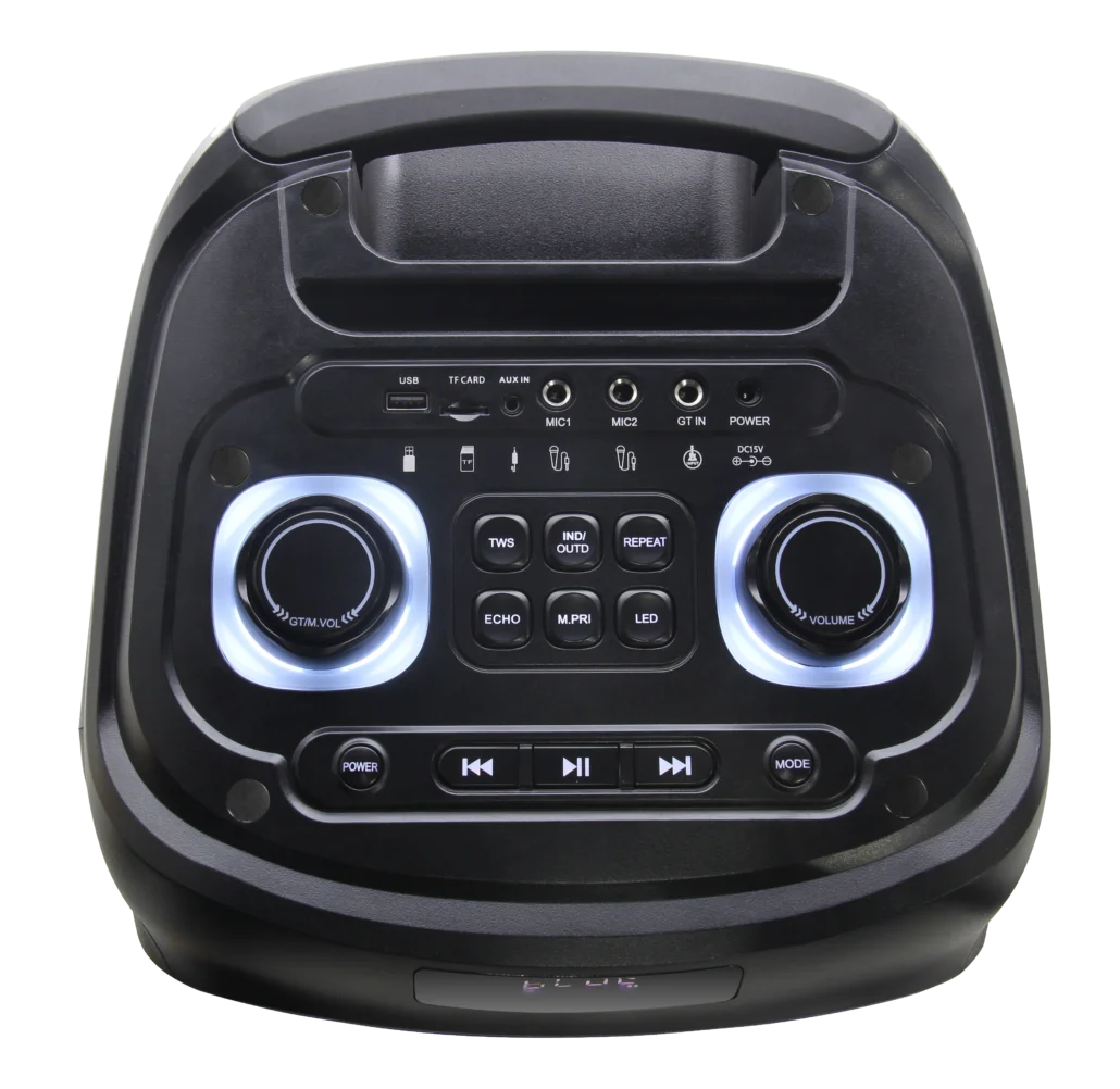 Czarny głośnik Bluetooth ze światłami, pokrętłami i przyciskami sterowania.