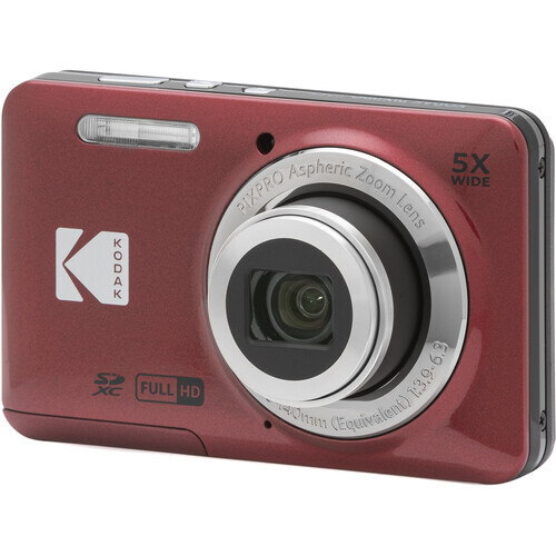 5x geniş açılı yakınlaştırma lensli kırmızı Kodak dijital kamera.