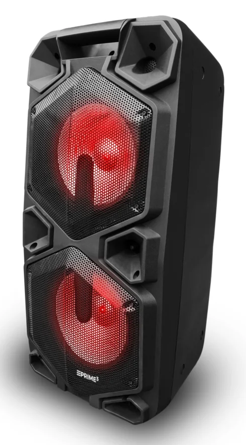 Czarny głośnik z czerwonymi światłami, kratką z przodu i uchwytem.