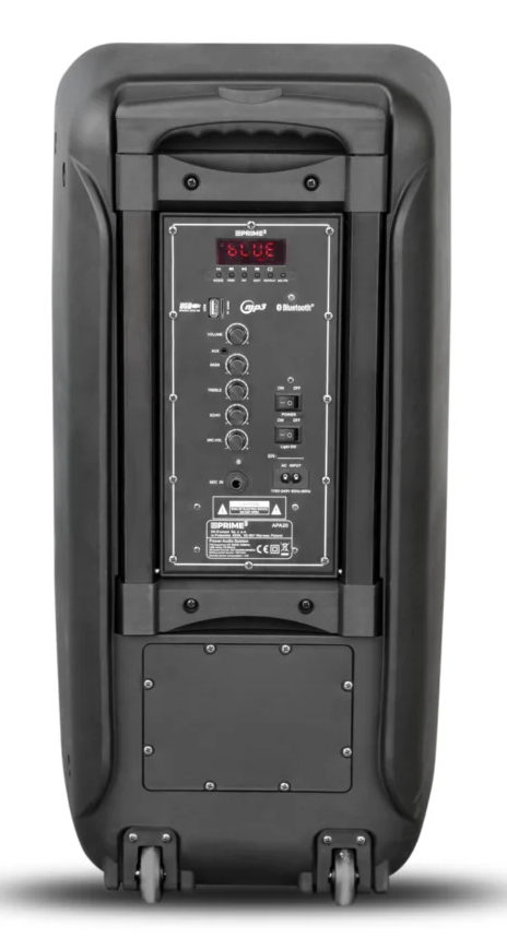 Tył czarnego głośnika z elementami sterującymi, kółkami i uchwytem.