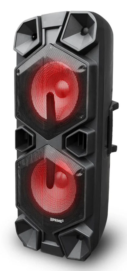 Czarny głośnik z czerwonymi światłami, dwiema okrągłymi kratkami i sześciokątnymi otworami.