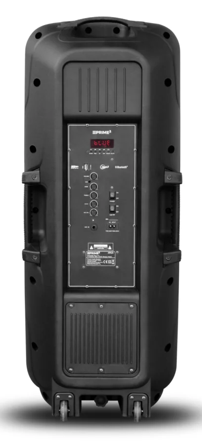 Tył czarnego głośnika z kółkami i panelem sterowania.