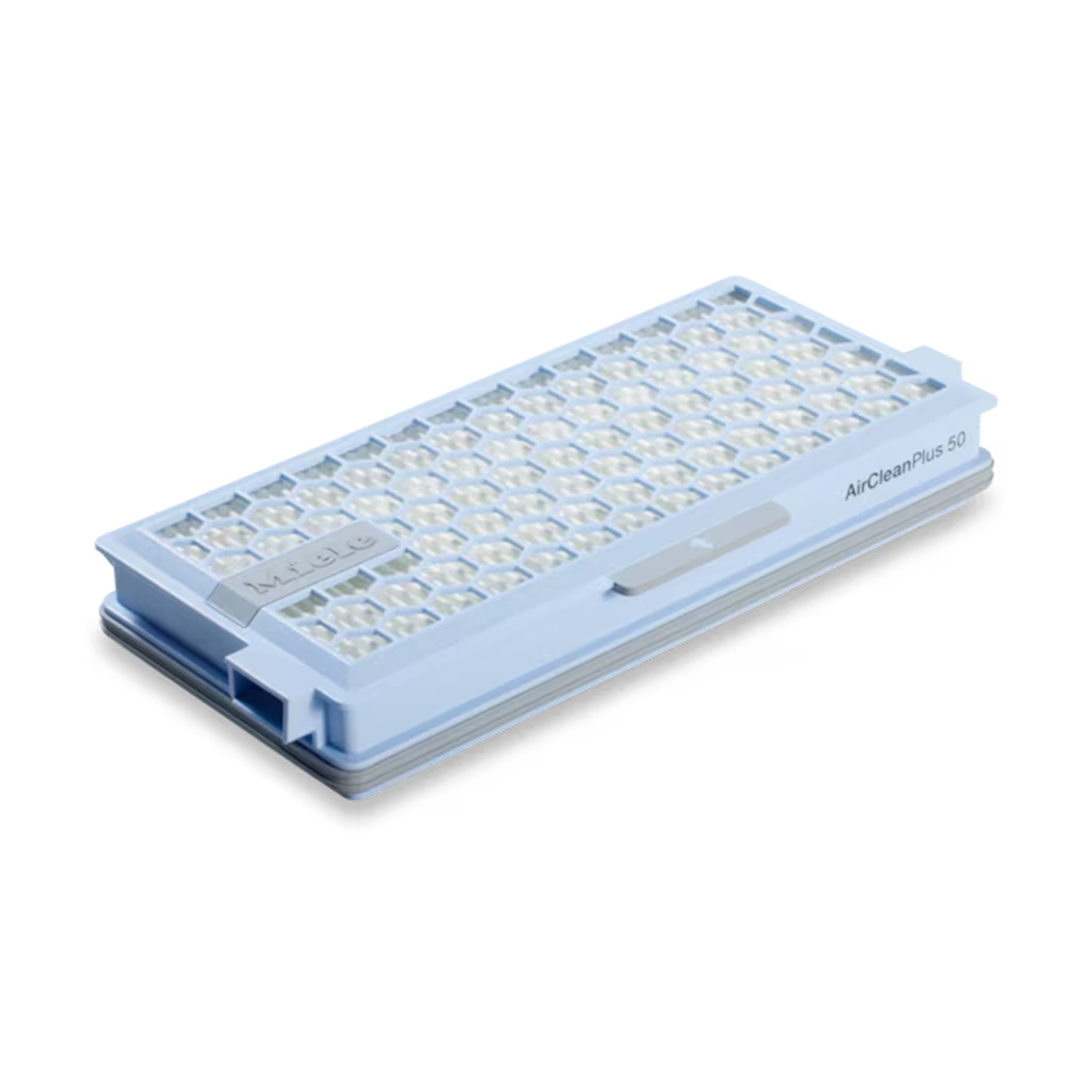 Alloggiamento filtro HEPA azzurro con struttura a nido d'ape.
