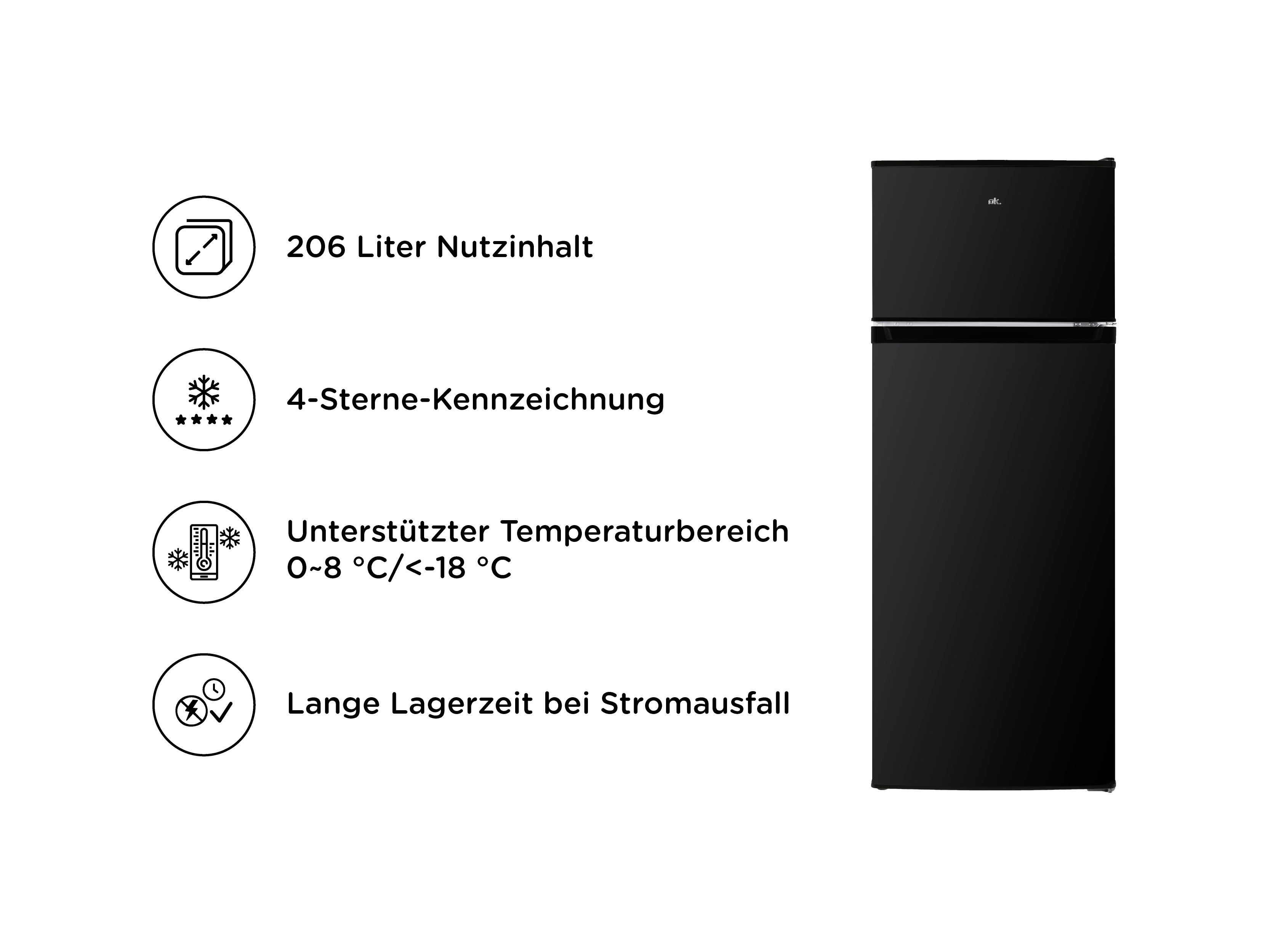 Schwarzer Kühlschrank mit 206L, 4-Sterne-Rating, 0-8°C/<lt/>-18°C, lange Lagerzeit.