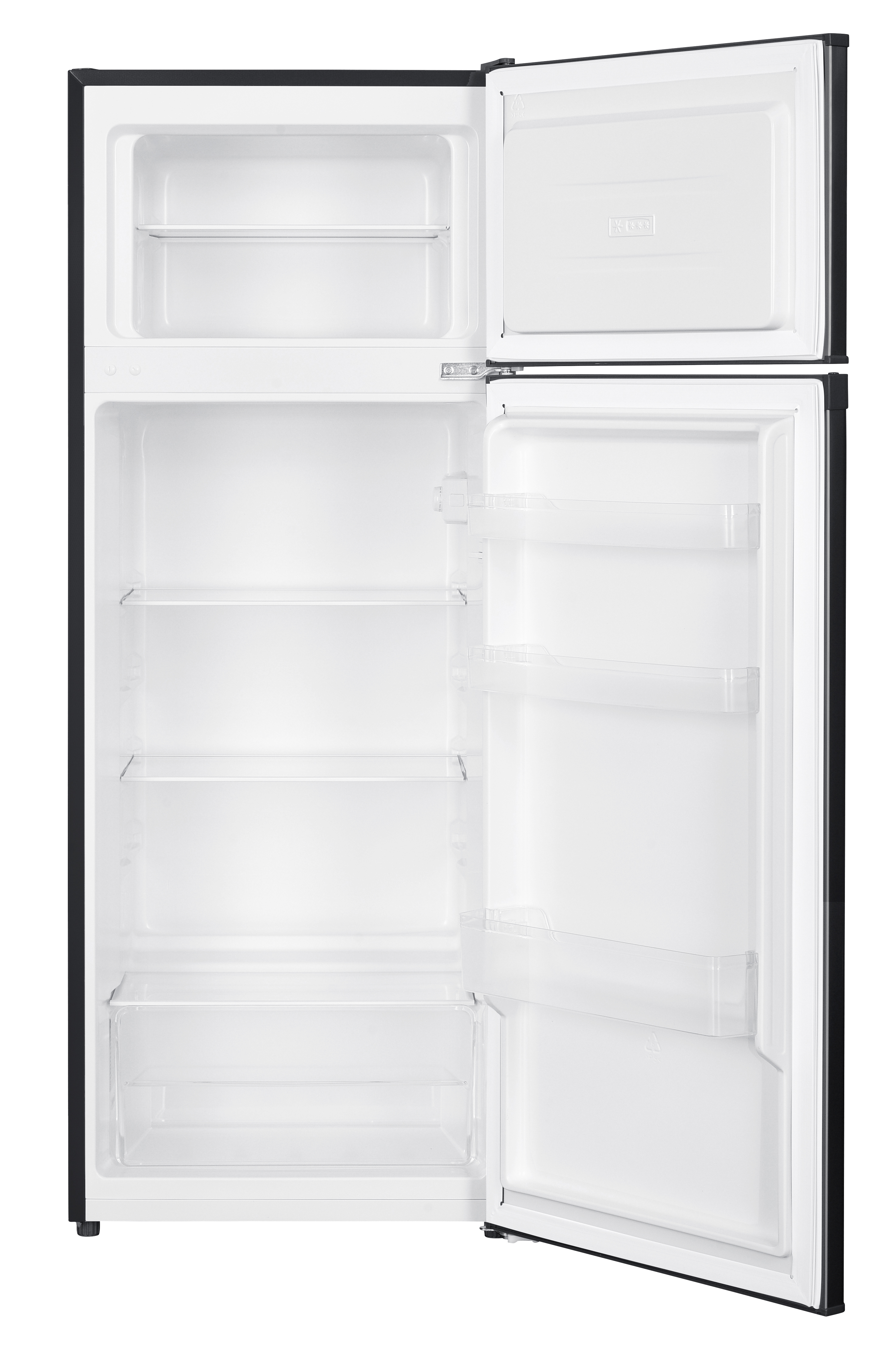 Ein leerer, offener Kühlschrank mit schwarzen Außenflächen und weißen Innenflächen.
