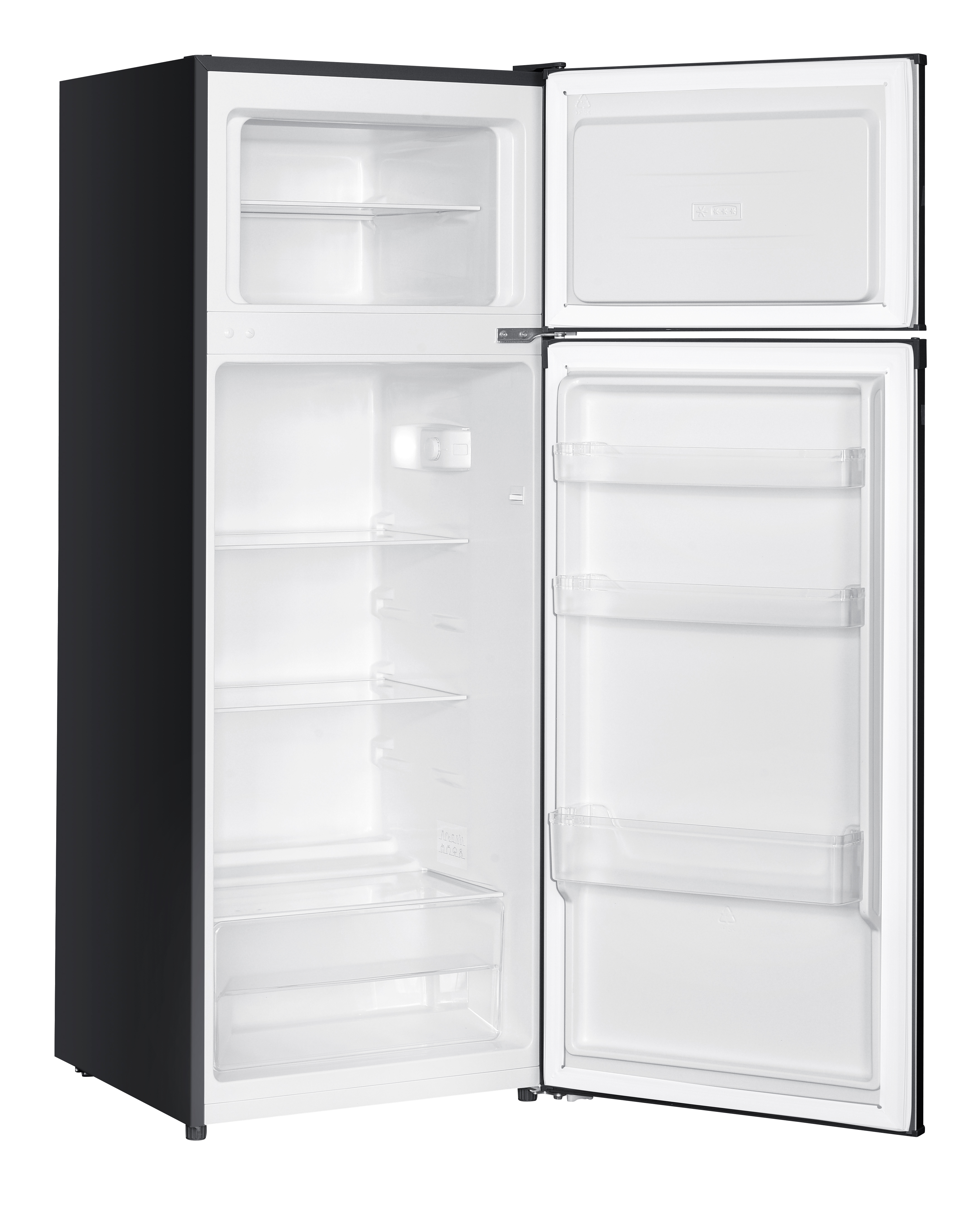 Ein schwarzer Kühlschrank mit geöffneter Tür und leerem Innenraum.