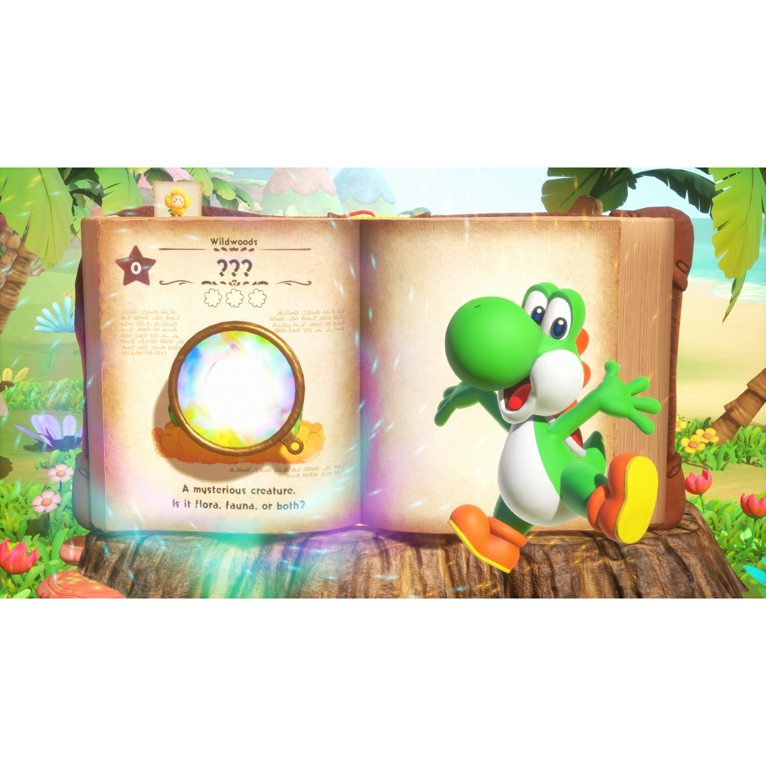 Yoshi jumps in front of a book titled "Wildwoods", posing a riddle about a creature.