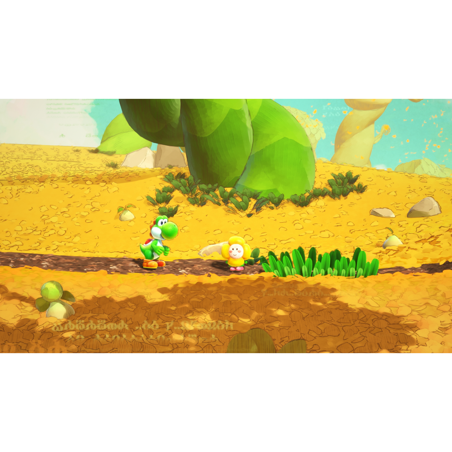 Yoshi and a flower character stand on a sandy path before large green plants.