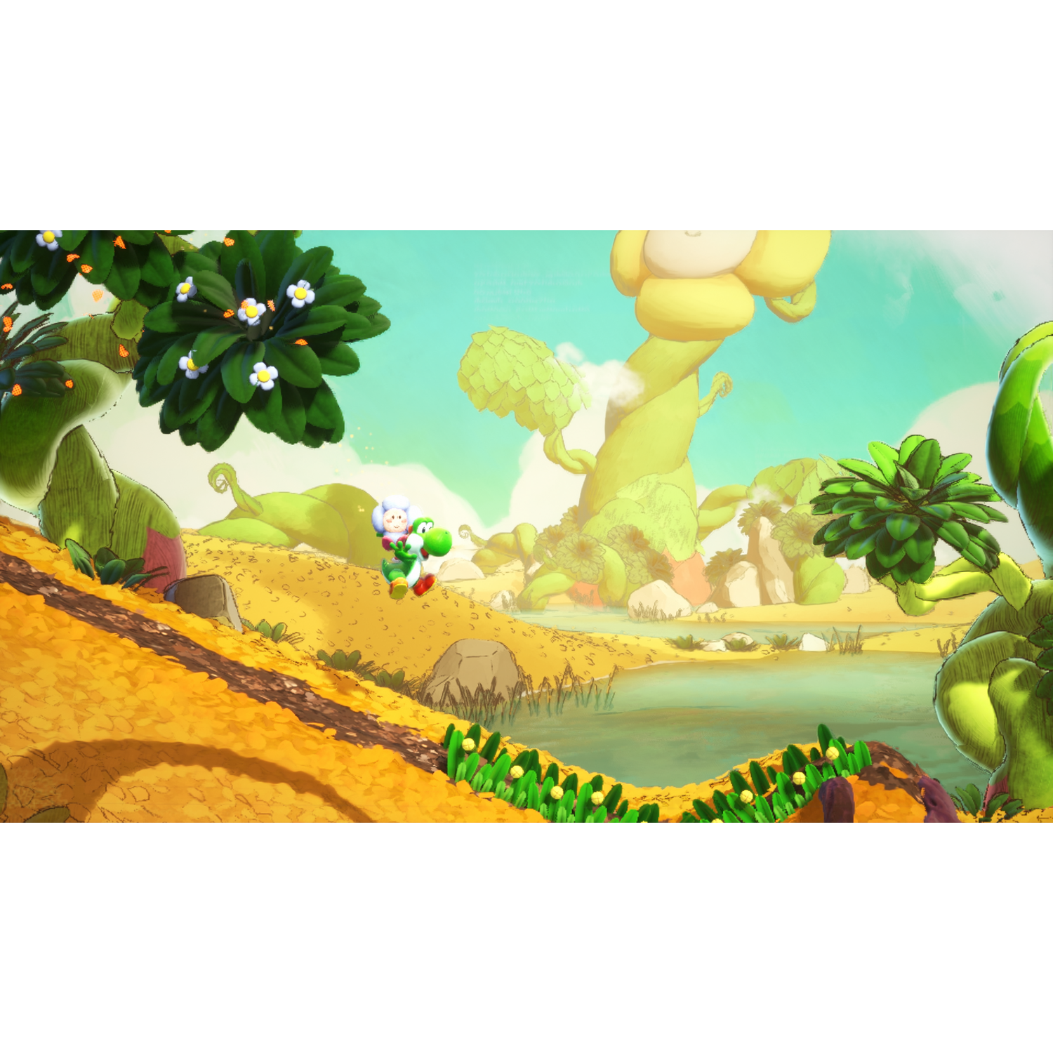 Yoshi and a sheep jump through a sunny landscape with colorful plants.