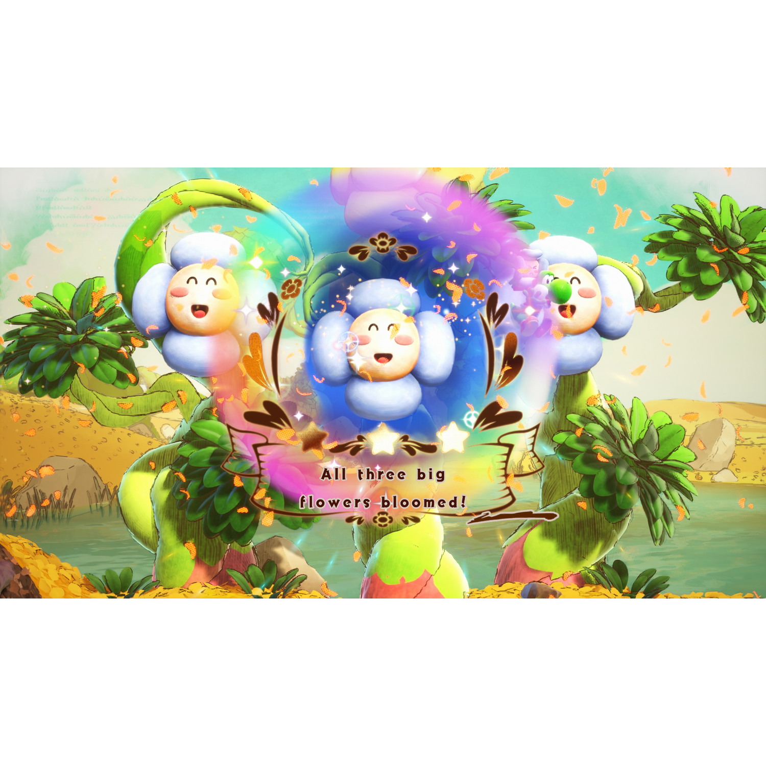 Three big flowers with faces bloom, surrounded by colorful clouds and petals.