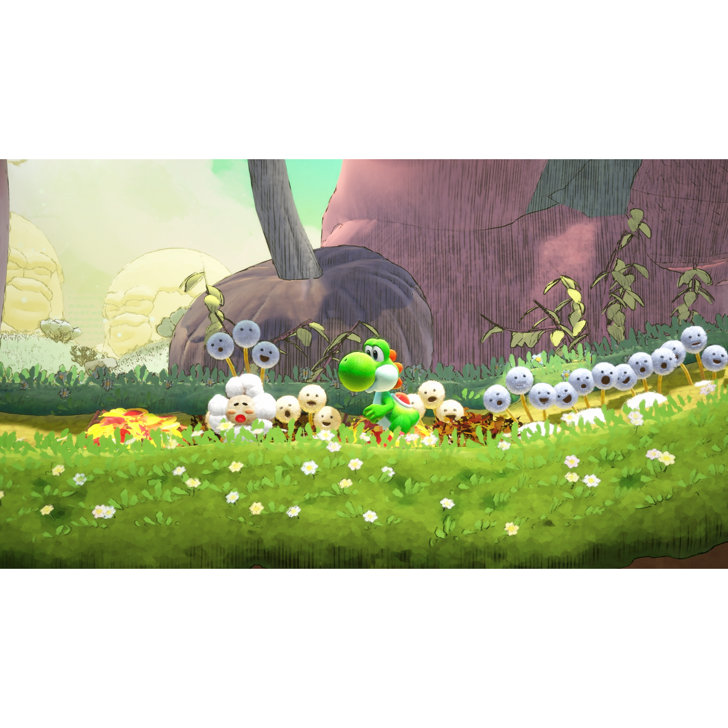 Yoshi stands in a green meadow with many small, round creatures with faces.
