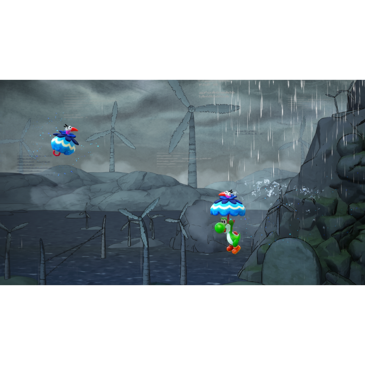 Yoshi with umbrella in rain, birds and windmills in background.