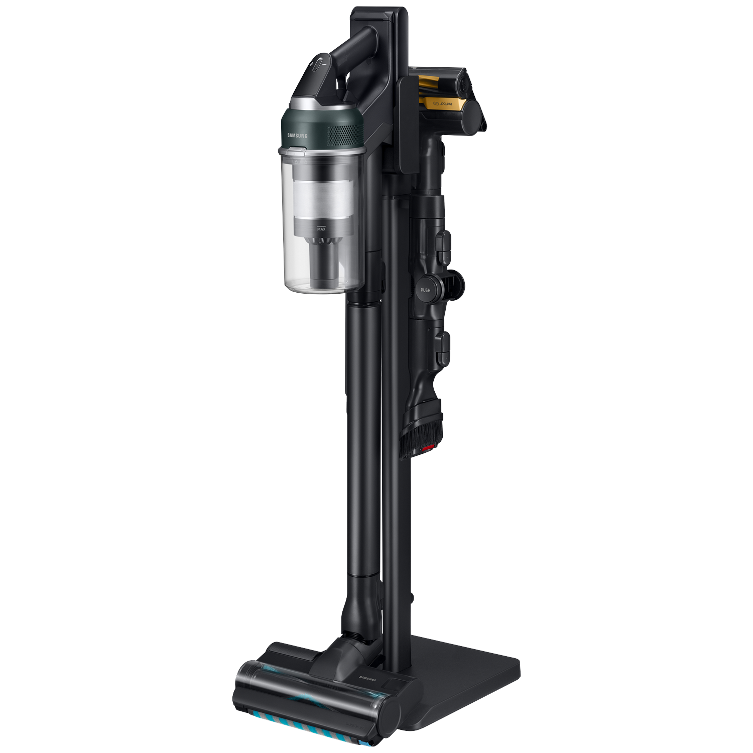 A black Samsung vacuum cleaner with green detail and clear bin on a charging stand.