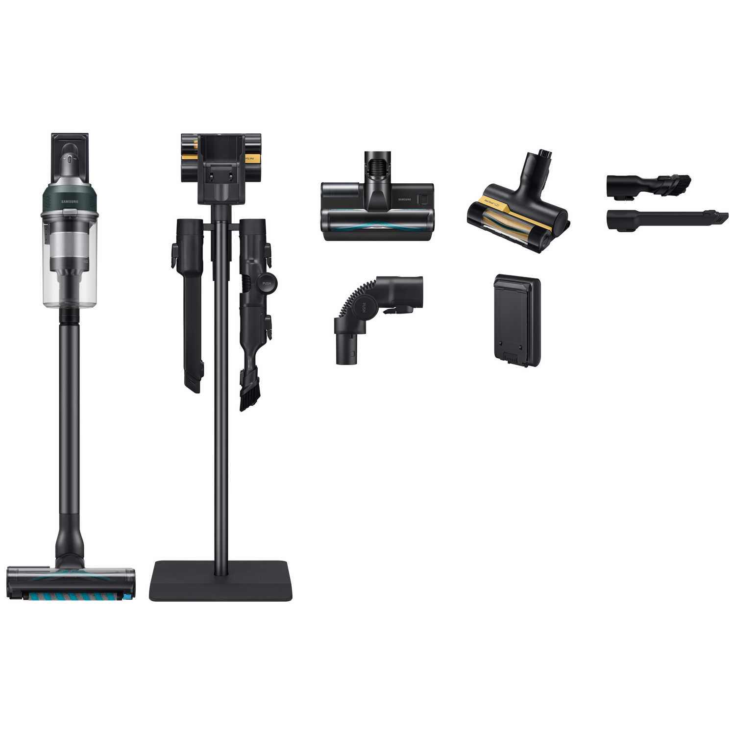 A black vacuum cleaner with accessories, including charging and brush heads.